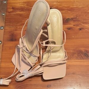 Charlotte Russe Nude Strappy Square Toe Heels with wrap tie